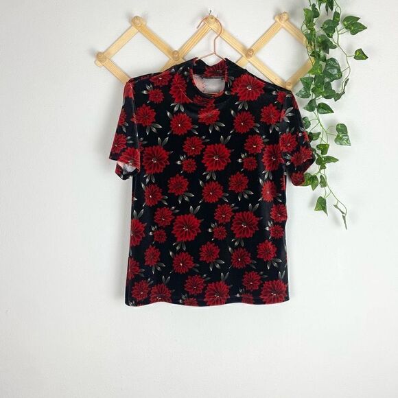 VINTAGE Velvet Floral Mock Neck Top Black Red Size Medium EUC H243 - Picture 1 of 6